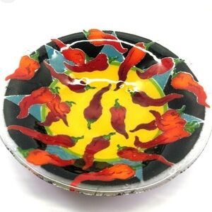 Set of 3 Hors d’oeuvre Glass Plates by Peggy Carr Colorful Hot Pepper and Sun